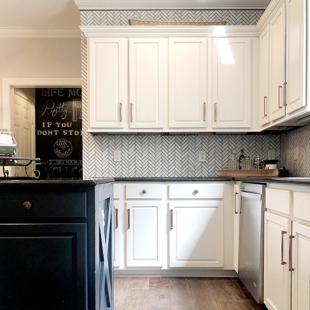 Sarah Miller's Kitchen White Cabinets, Black Island with Farmhouse deatils